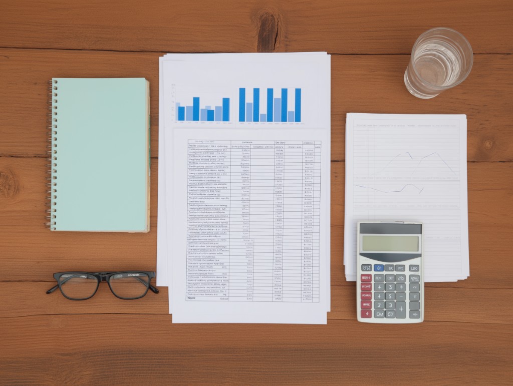 Organized accounting workspace with financial reports and calculator