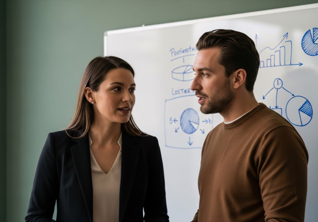 Advisors discussing strategy at a whiteboard