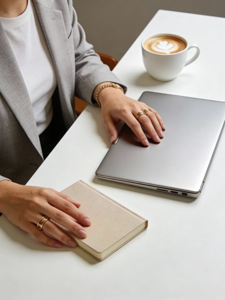 Professional advisor workspace with laptop and notebook