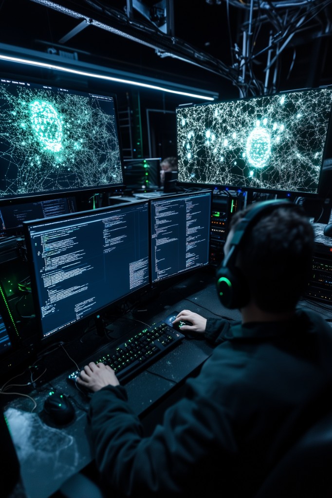 Data analyst working across multiple screens in a tech environment