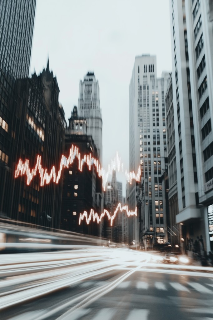 Urban skyline with data streams representing financial partnerships
