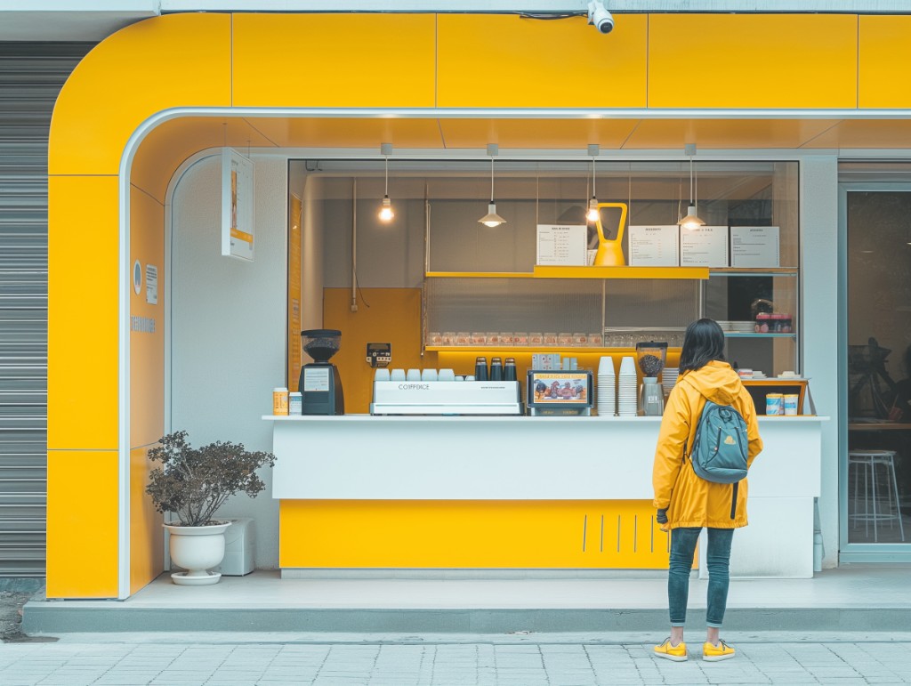 Modern coffee kiosk with branded yellow storefront