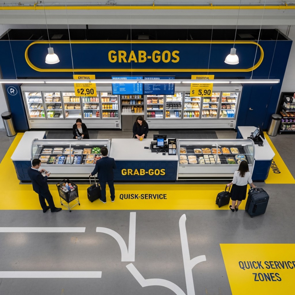 Quick-service franchise kiosk serving travelers on the go
