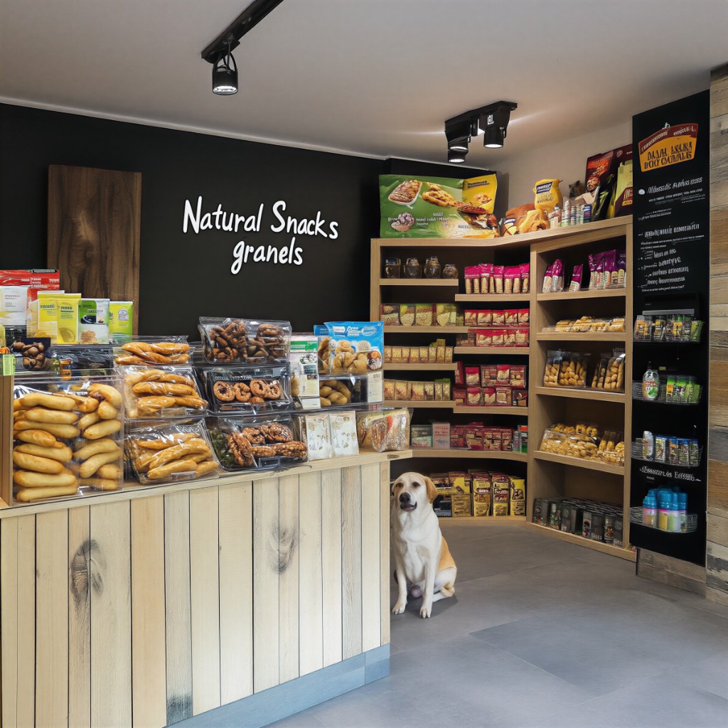 Natural snacks franchise shop interior with stocked shelves