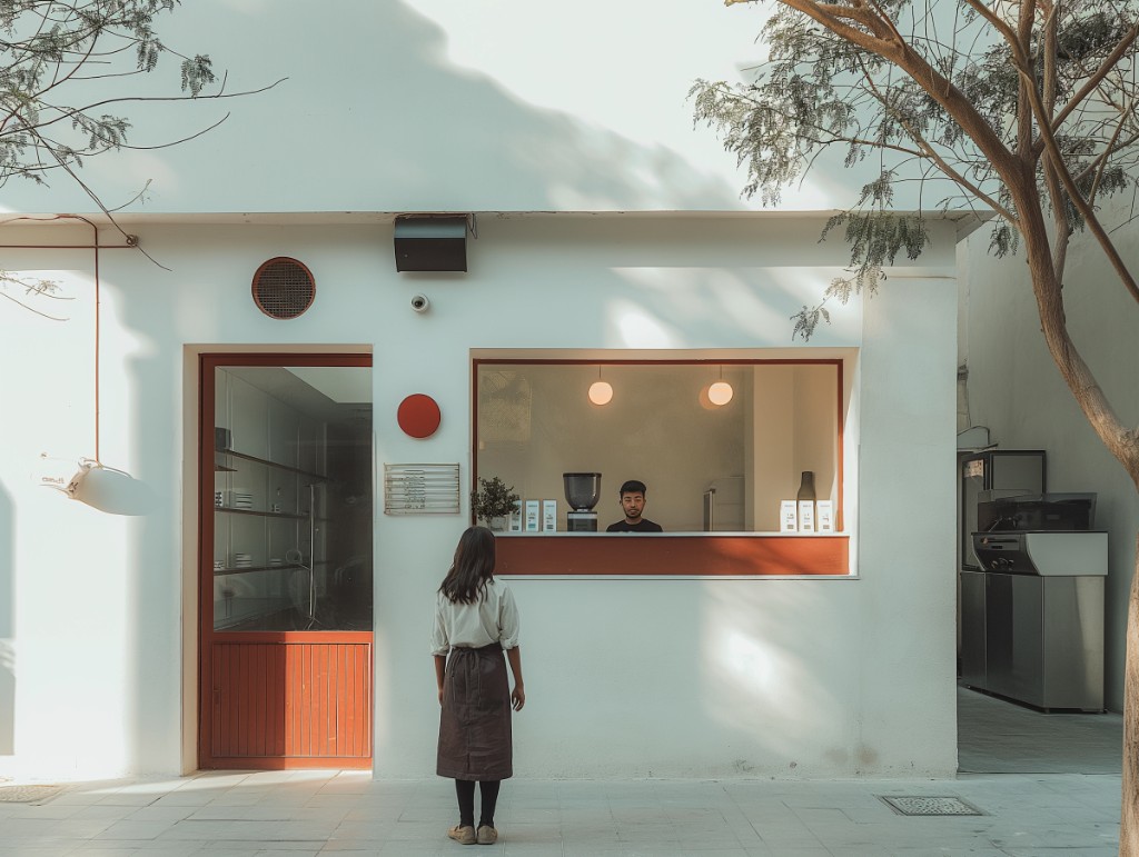 Franchise operator at a minimalist cafe service counter