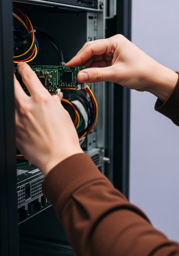 Technician installing hardware in a server chassis