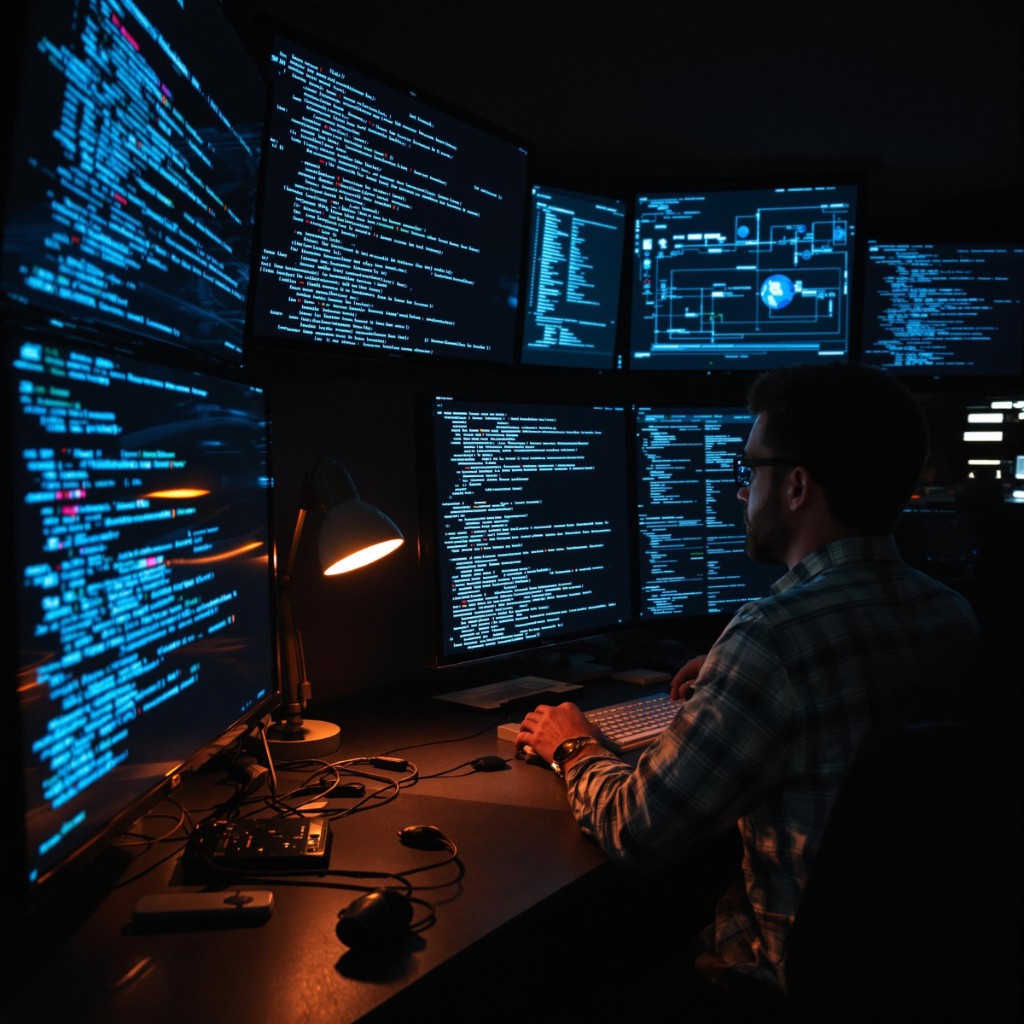 System integrator working across multiple monitors during implementation