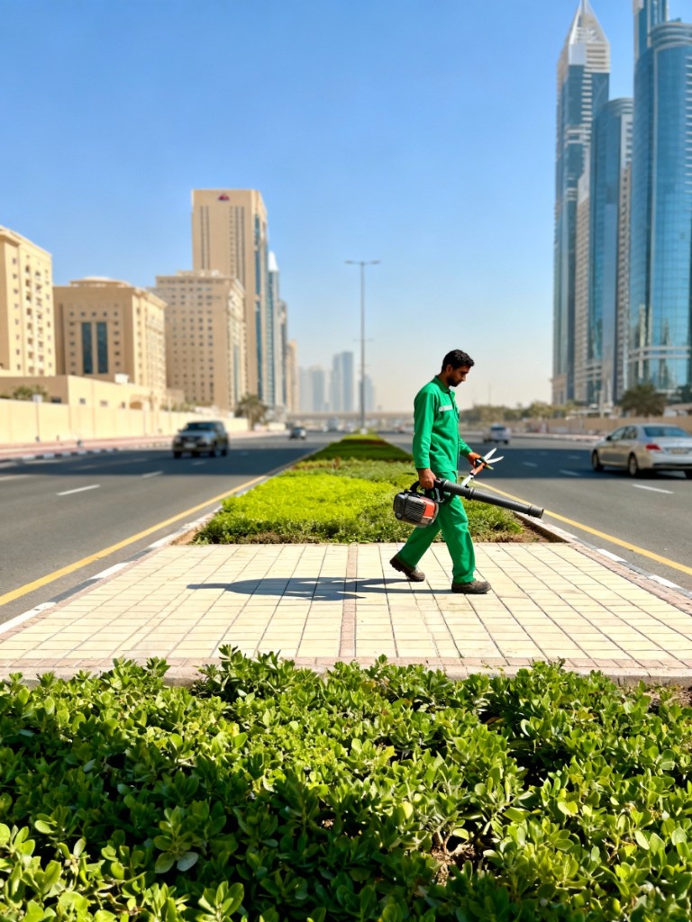 Landscaping crew maintaining commercial grounds
