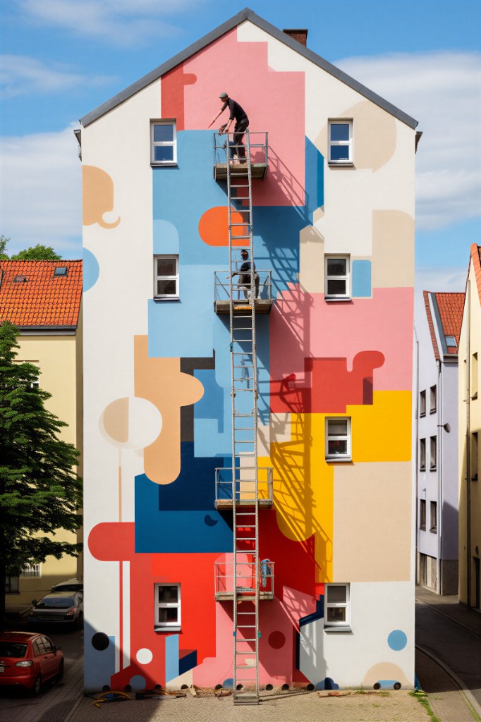 Painting crew working on a large exterior mural