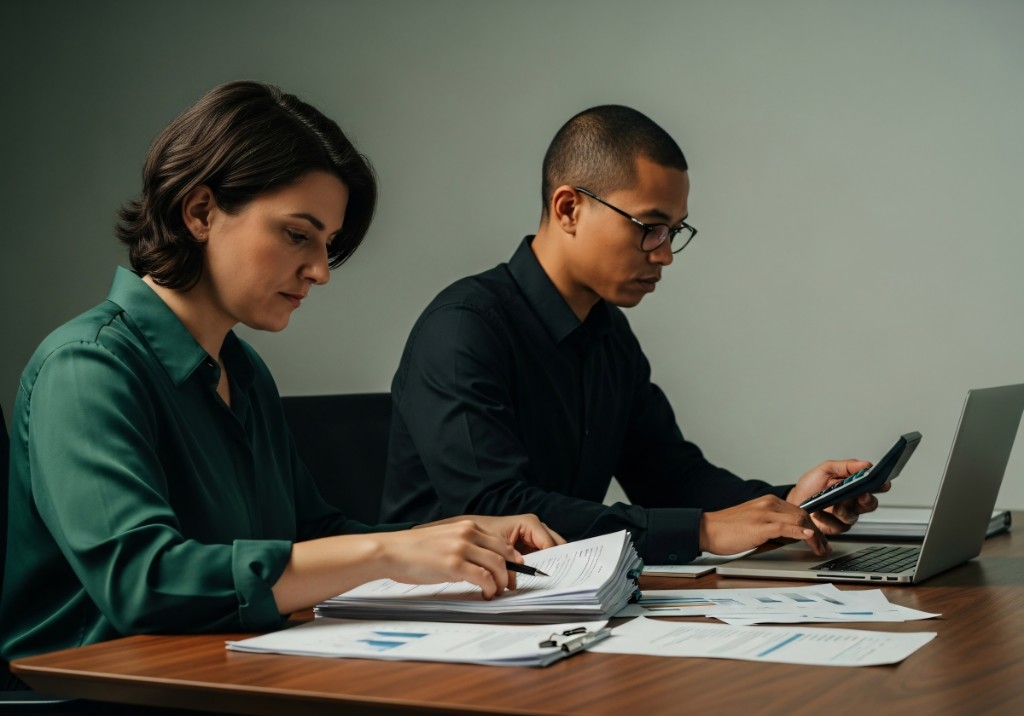 Payroll professionals reviewing documents and financial records