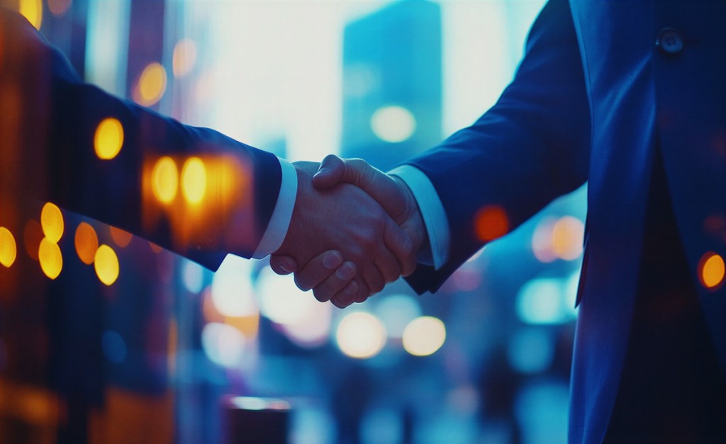 Private equity partners closing a deal with a handshake