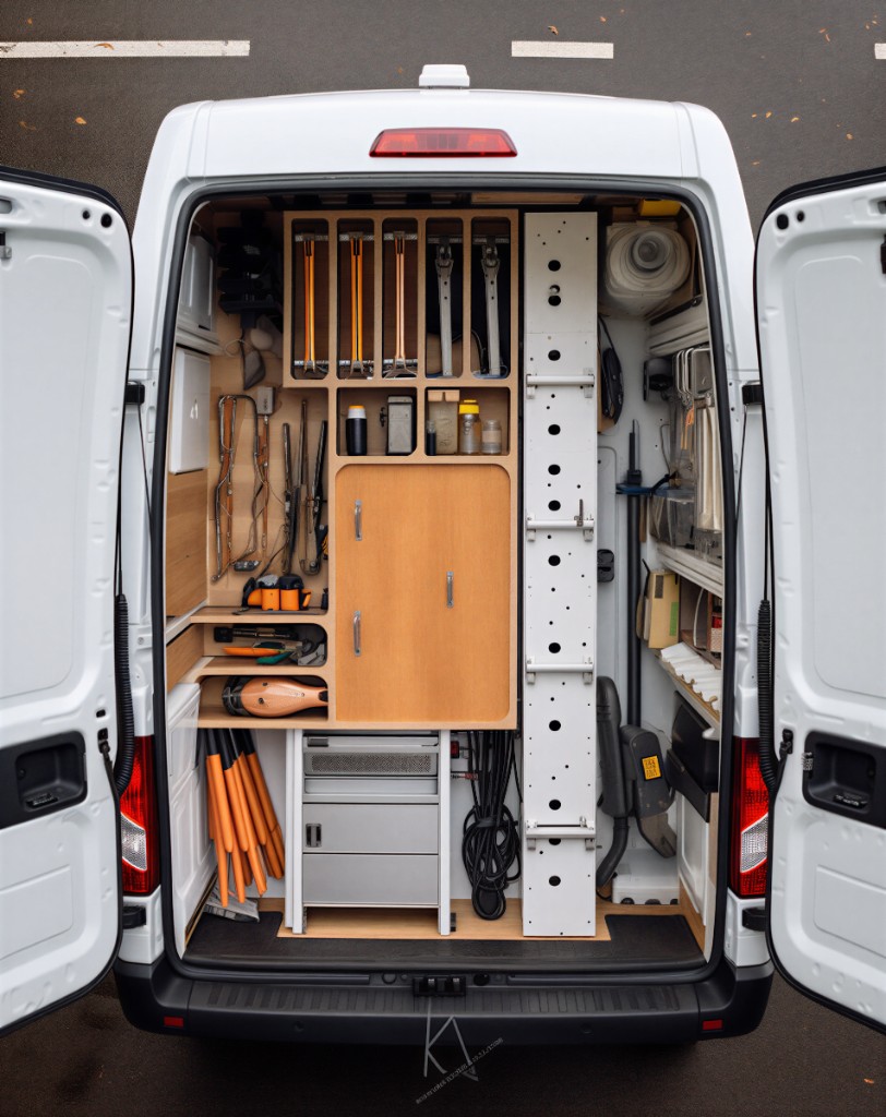 Professional service van with organized mobile workshop storage