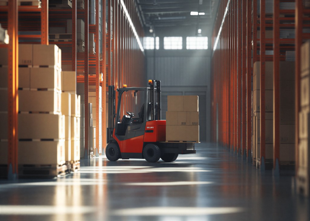 Warehouse distribution center with forklift moving inventory