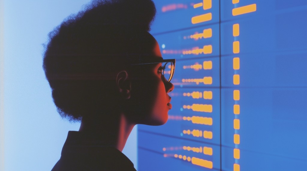 Technology partner analyzing data on a glowing digital display