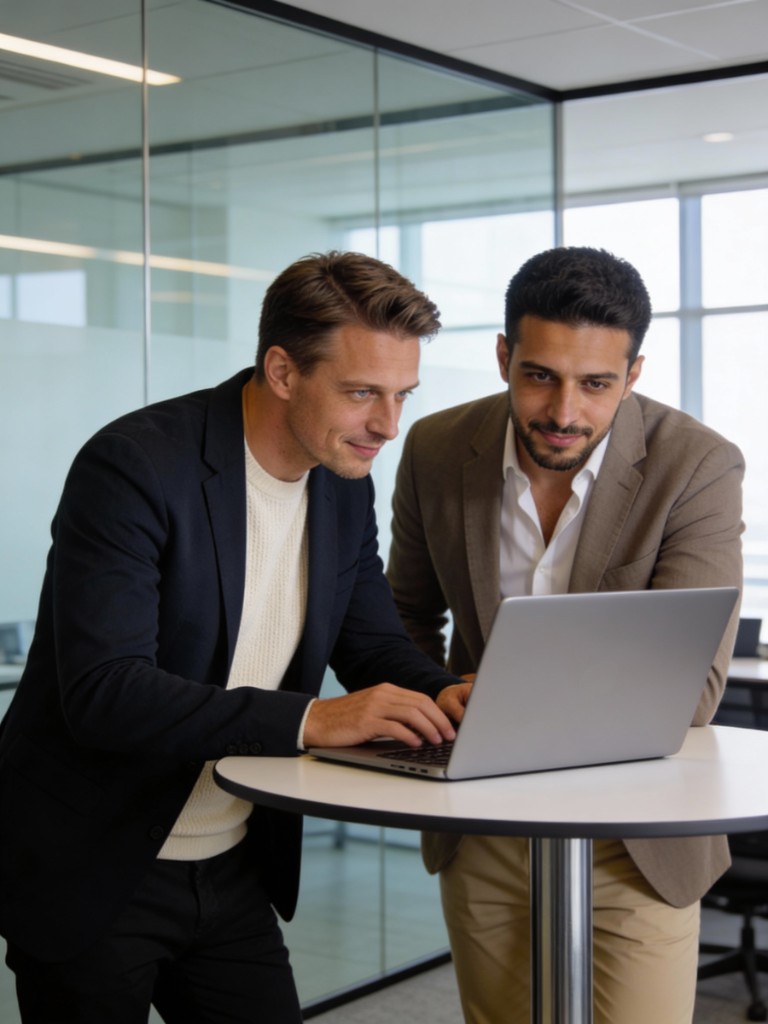 Venture capital partners collaborating over a laptop in a modern office
